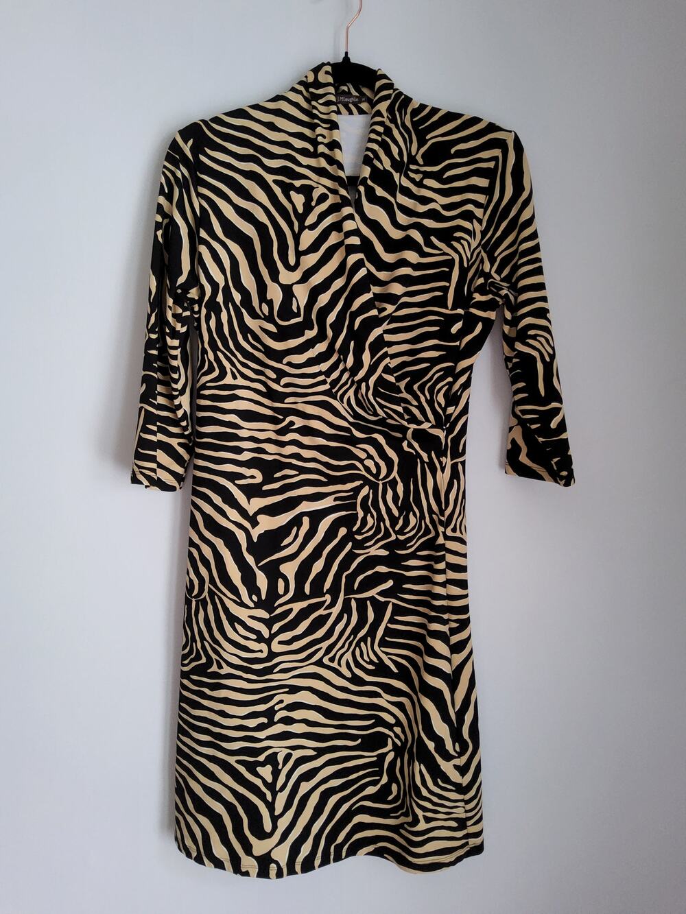 J McLaughlin Dress M Zebra Animal Print Black Tan 3/4 Sleeve Wrap Style